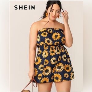 SHEIN Blue and Yellow Floral Strapless Romper
